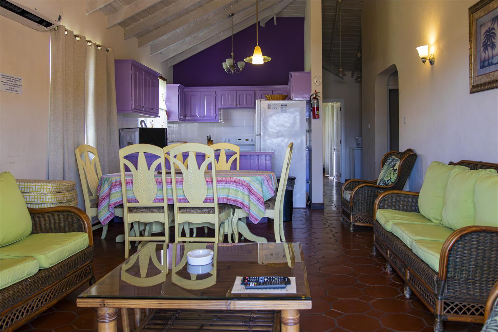 Alternate view of the three-bedroom Prospect living space and purple kitchen