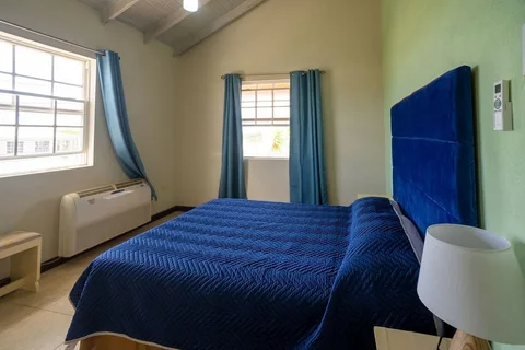 Blue bedroom with window at Providence Terrace