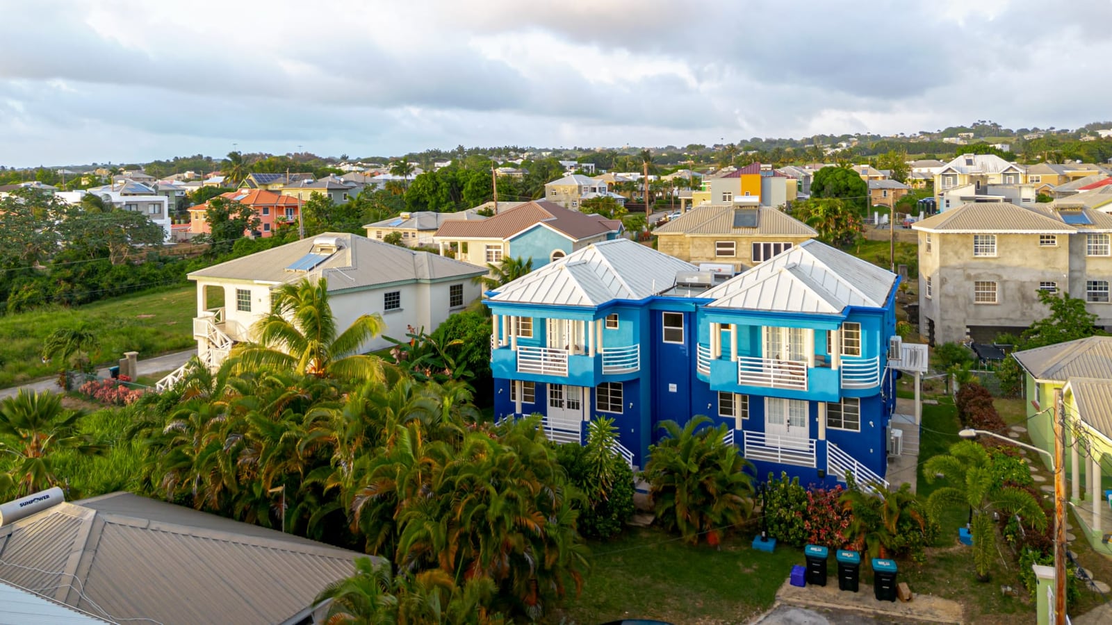 Aerial view of the blue St. Silas villas in Barbados